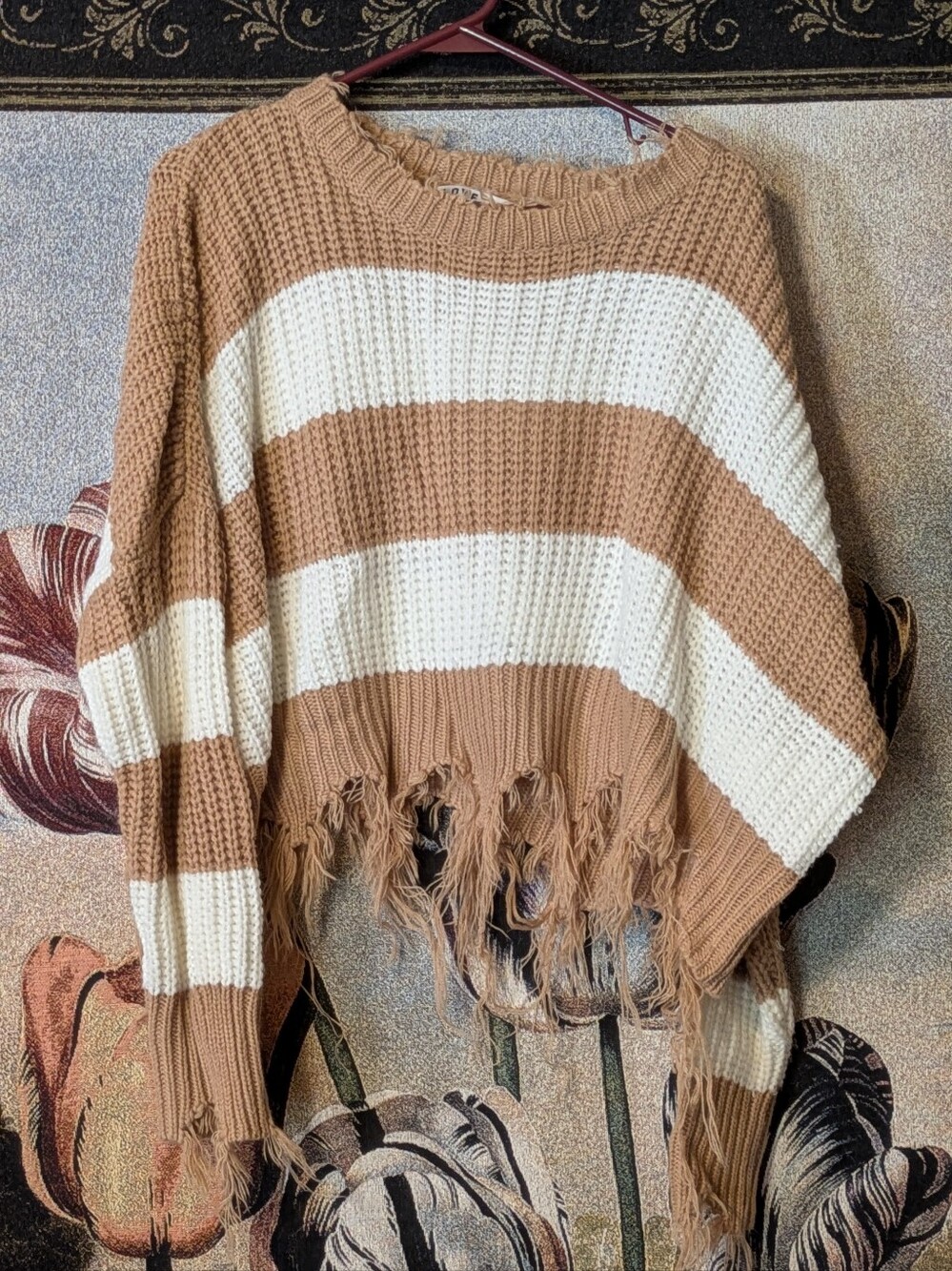Love J Striped Tan & Cream Fringe Knit Sweater - Women